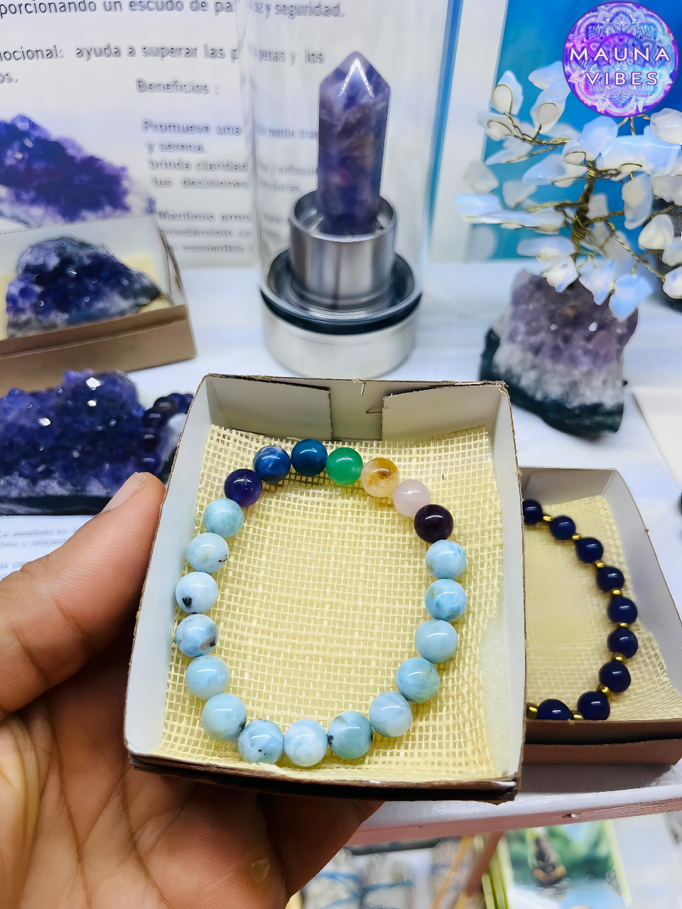Pulsera de chakras con larimar auténtico: pulsera ajustable con cuentas de cristal para equilibrio, meditación y apoyo energético | Regalo para hombres y mujeres