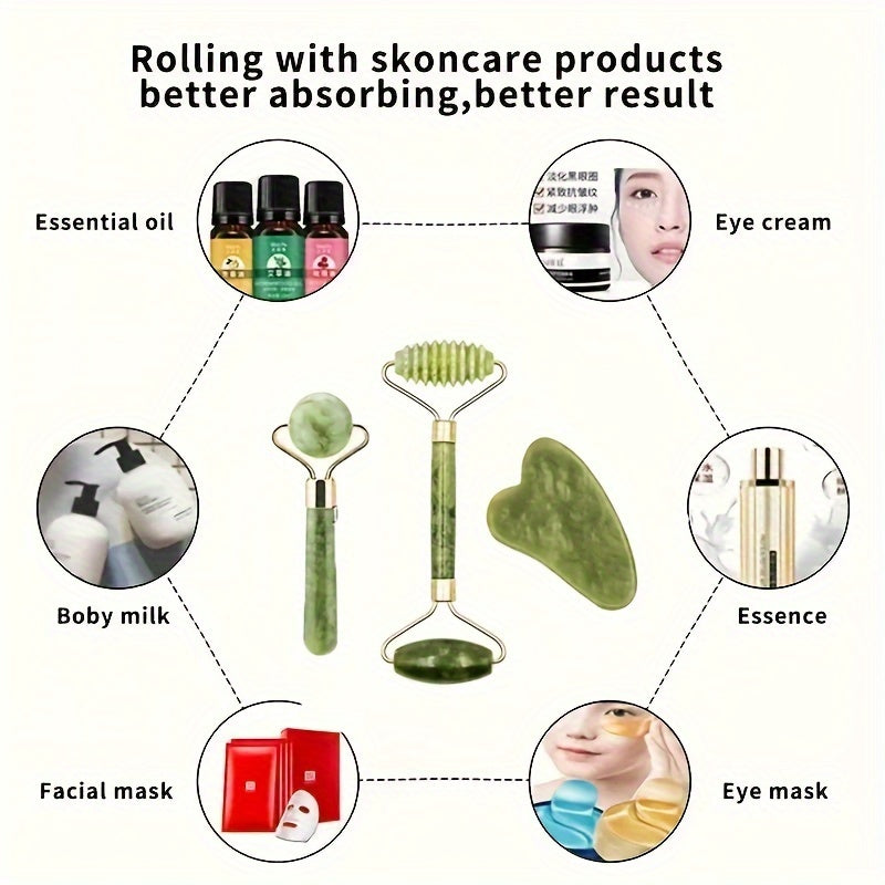 Masajeador de piedra natural para rostro, ojos, cuello y frente: juego de 3 rodillos de jade y Gua Sha | Antienvejecimiento y drenaje linfático | Cuidado de la piel ayurvédico