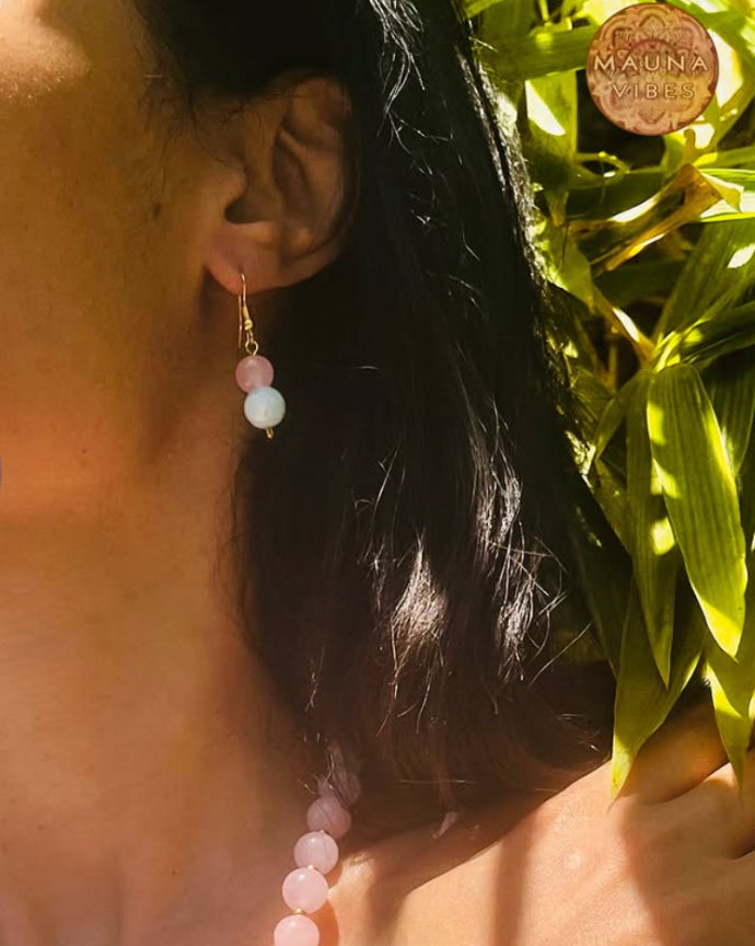 Cuarzo rosa y larimar – Conjunto de joyería con collar, pulsera y pendientes
