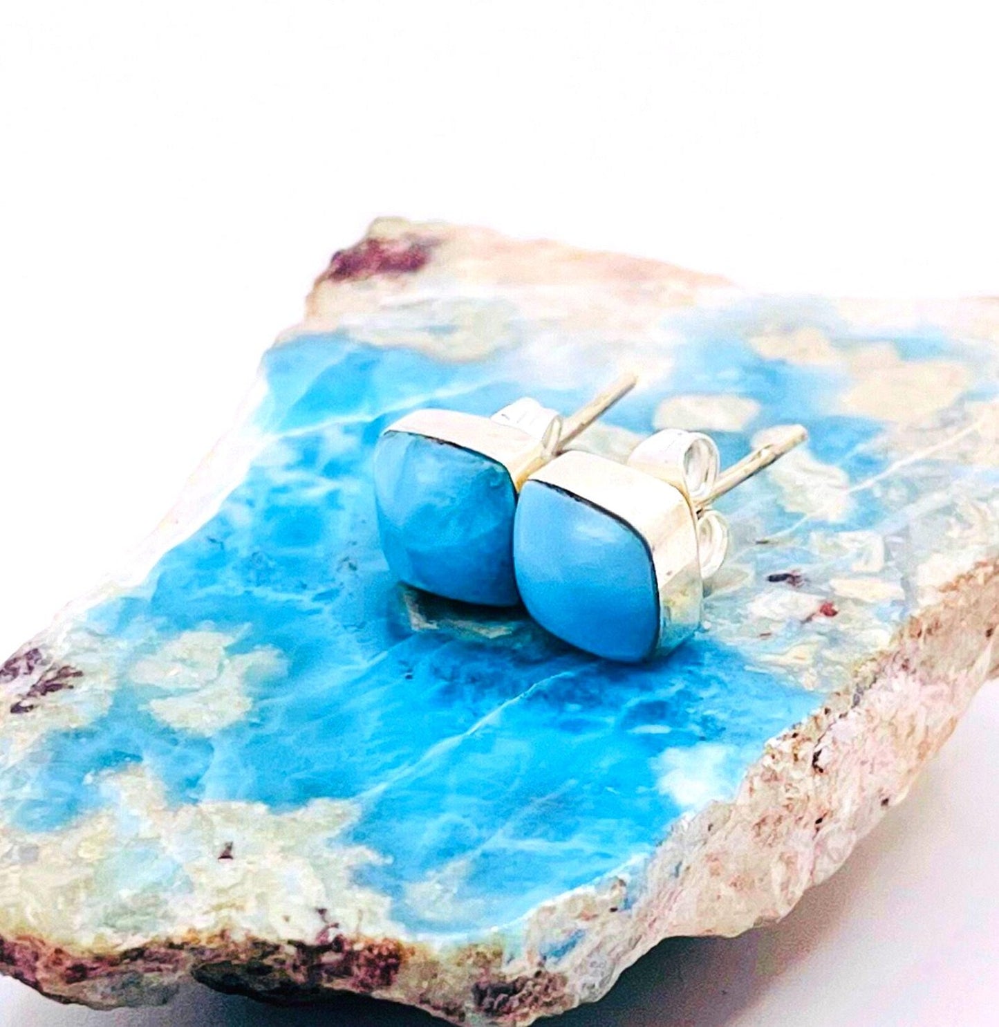 Larimar Square Stud Earrings in 925 Sterling Silver - Gift for Women