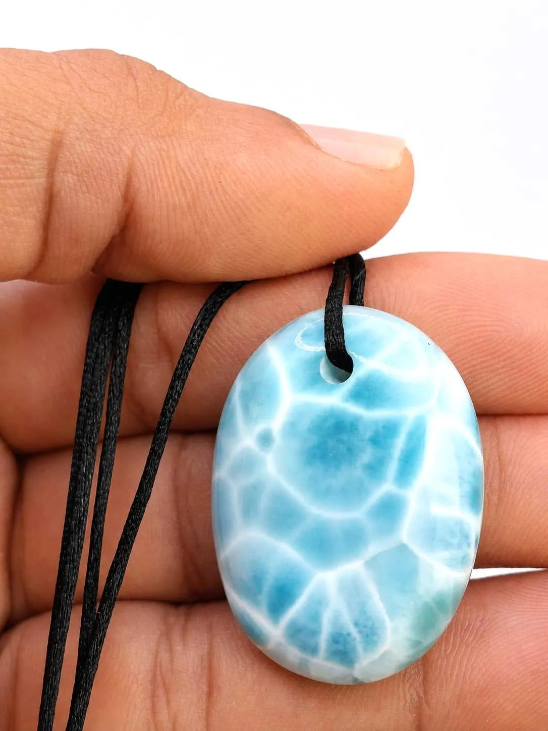 Larimar Necklace Polished– AAA Dominican Blue Stone Pendant on Adjustable Cord for Men & Women