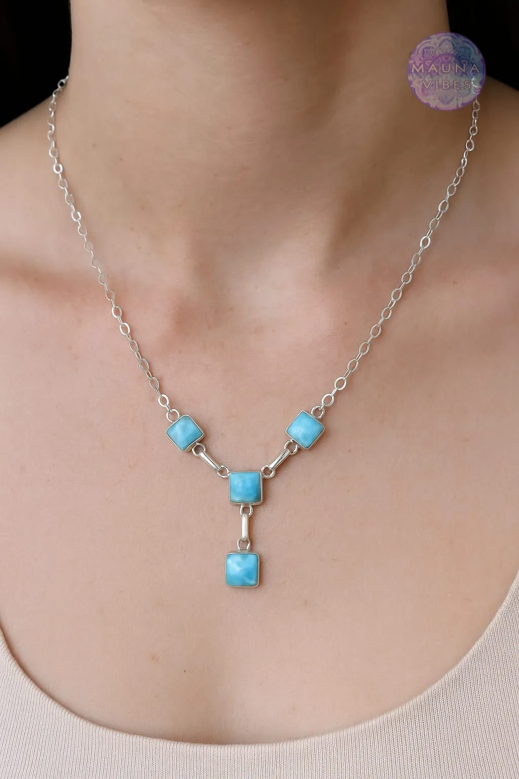 Collar con colgante de larimar en forma de Y de plata de ley 925 para mujer