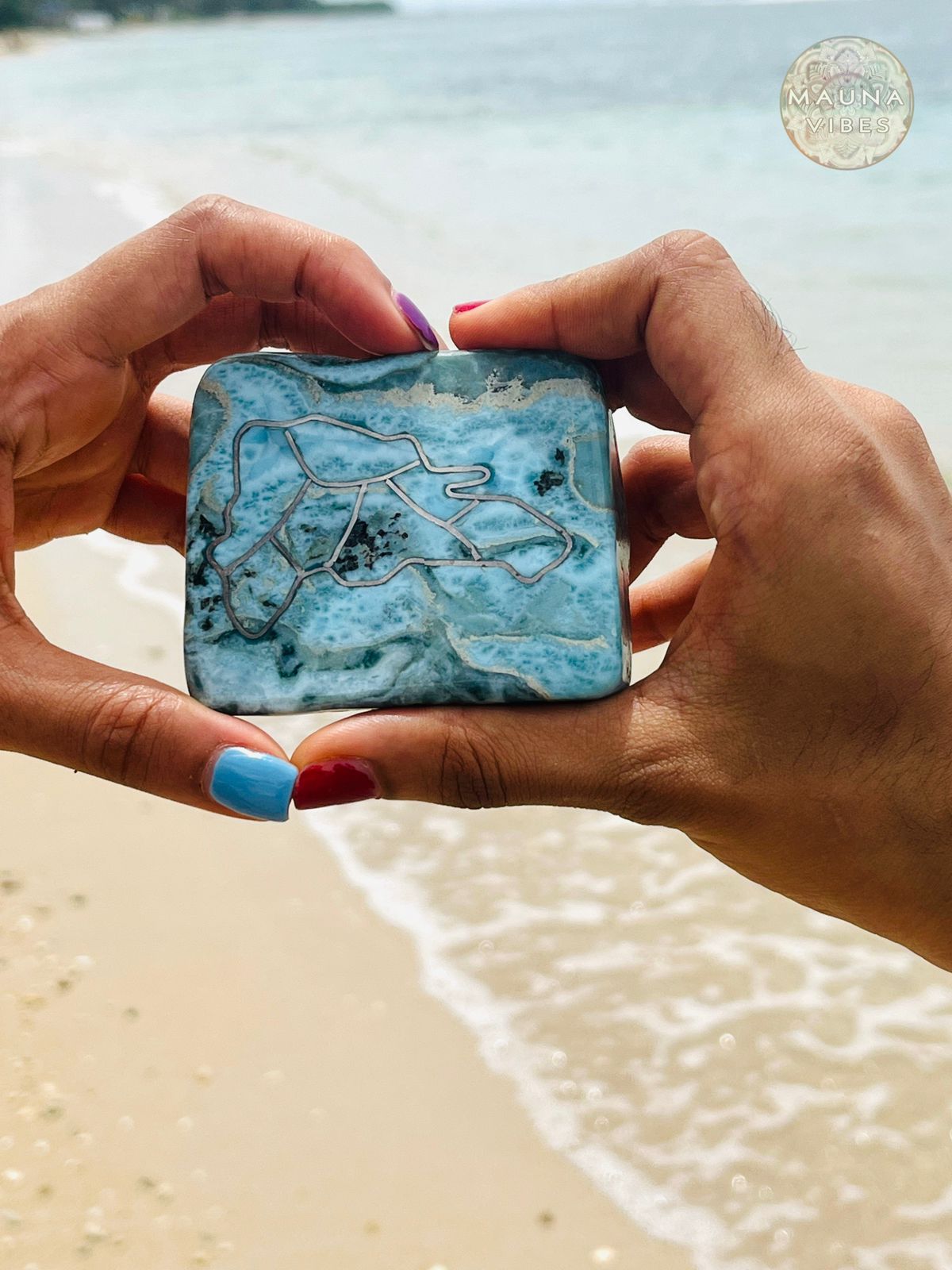 Dominican Republic Carved Larimar Slab – 214.6g Rare Caribbean Gemstone with Dominican Island Map Outline- Collectible Larimar Stone.