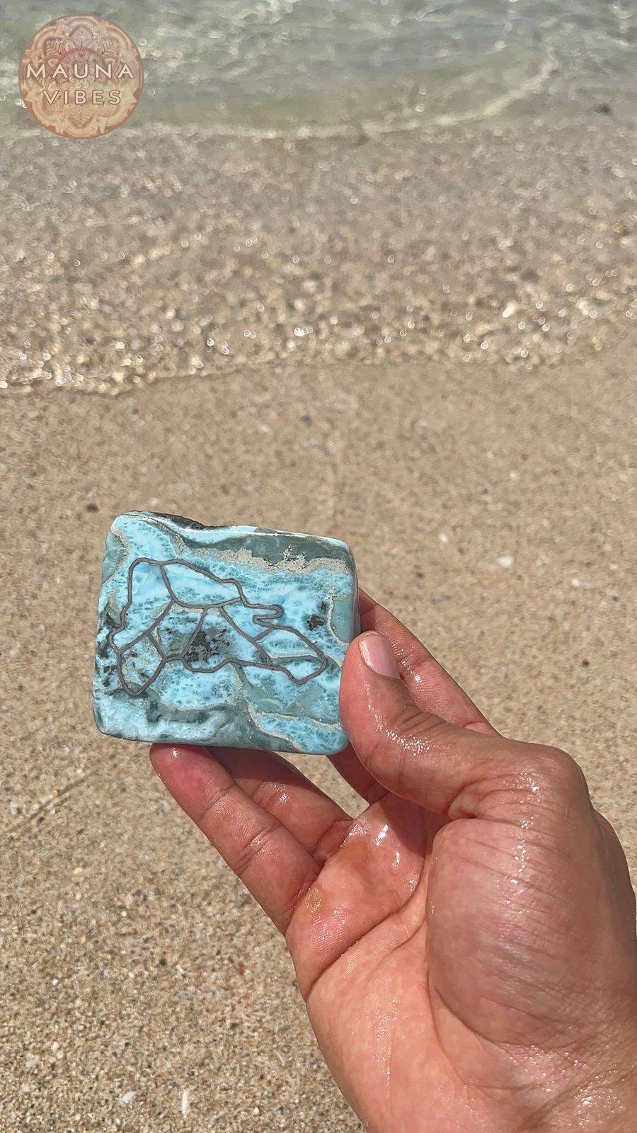Dominican Republic Carved Larimar Slab – 214.6g Rare Caribbean Gemstone with Dominican Island Map Outline- Collectible Larimar Stone.