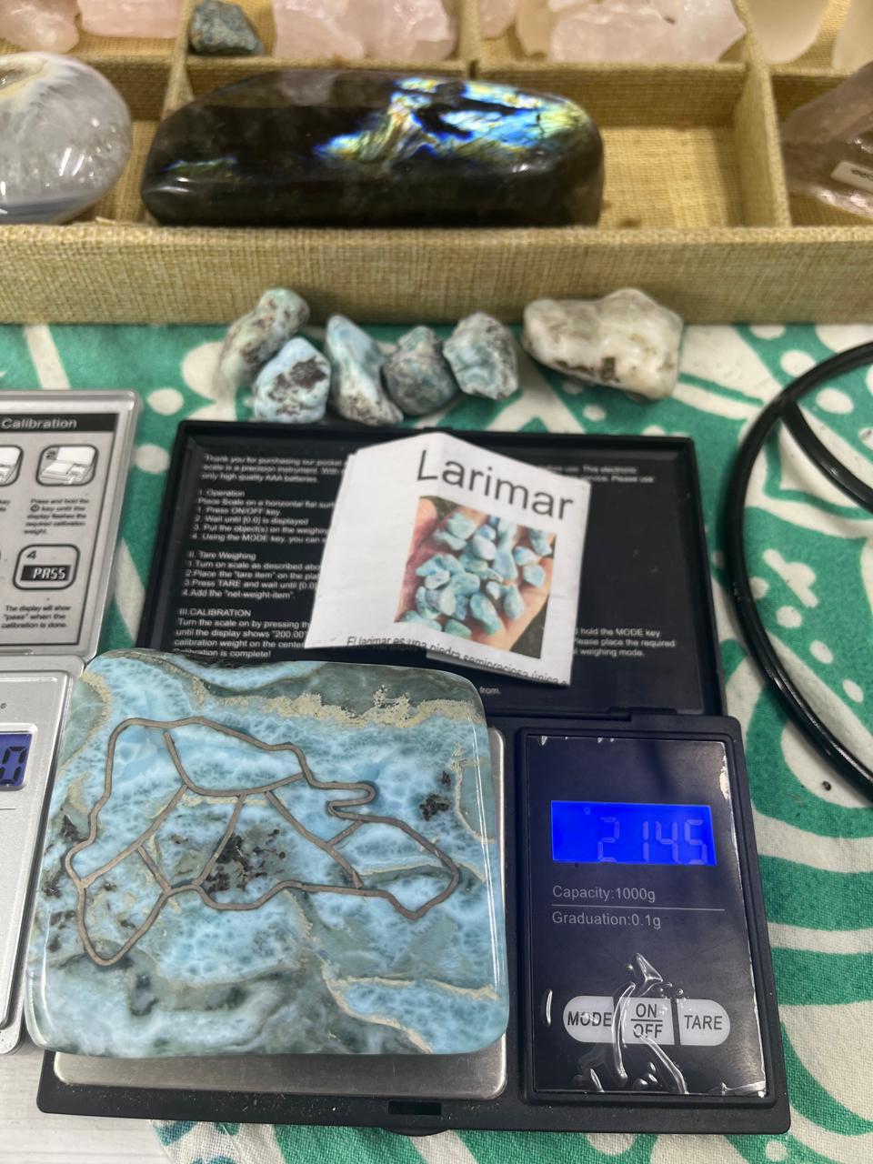 Dominican Republic Carved Larimar Slab – 214.6g Rare Caribbean Gemstone with Dominican Island Map Outline- Collectible Larimar Stone.