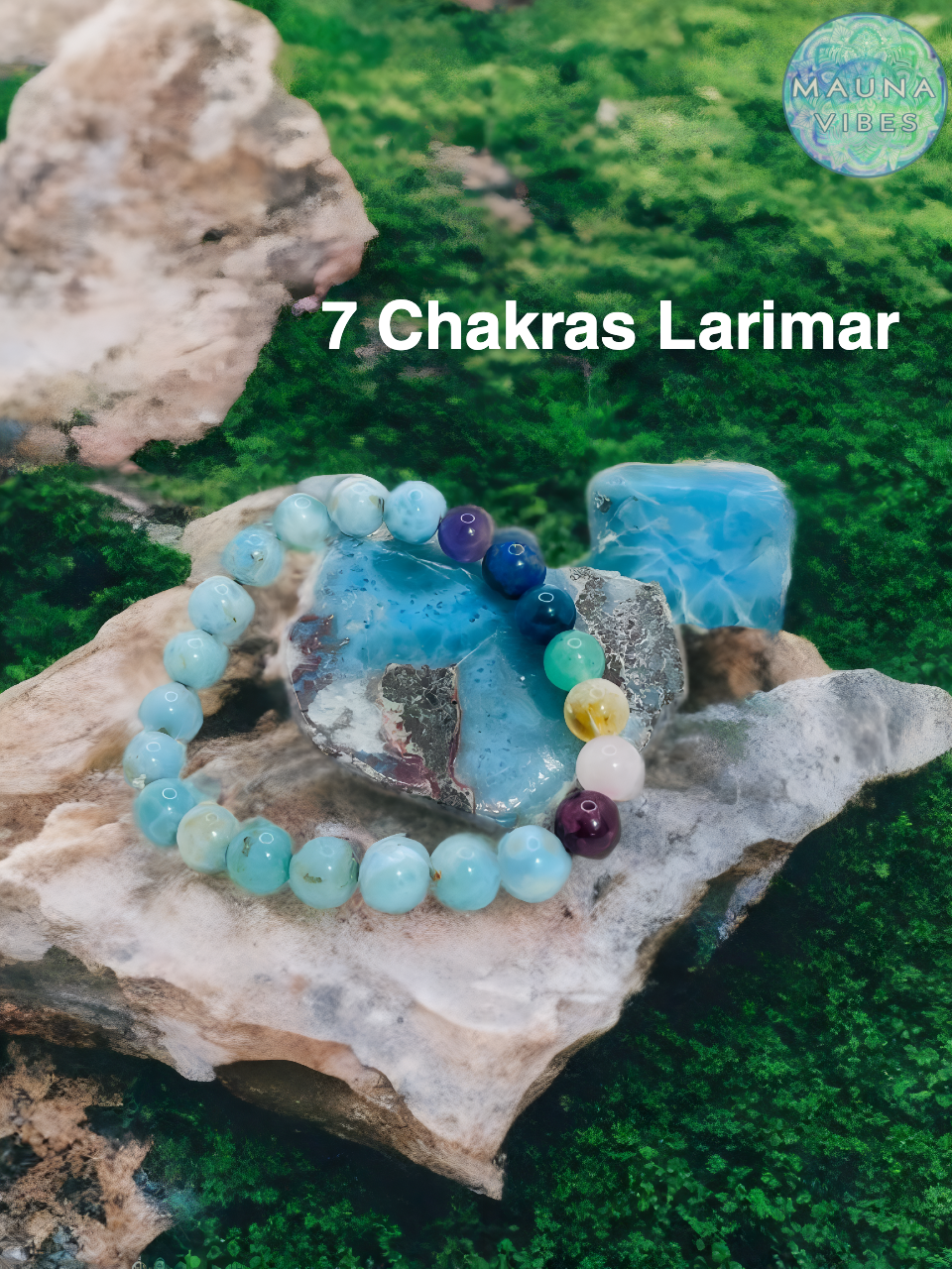 Pulsera de chakras con larimar auténtico: pulsera ajustable con cuentas de cristal para equilibrio, meditación y apoyo energético | Regalo para hombres y mujeres