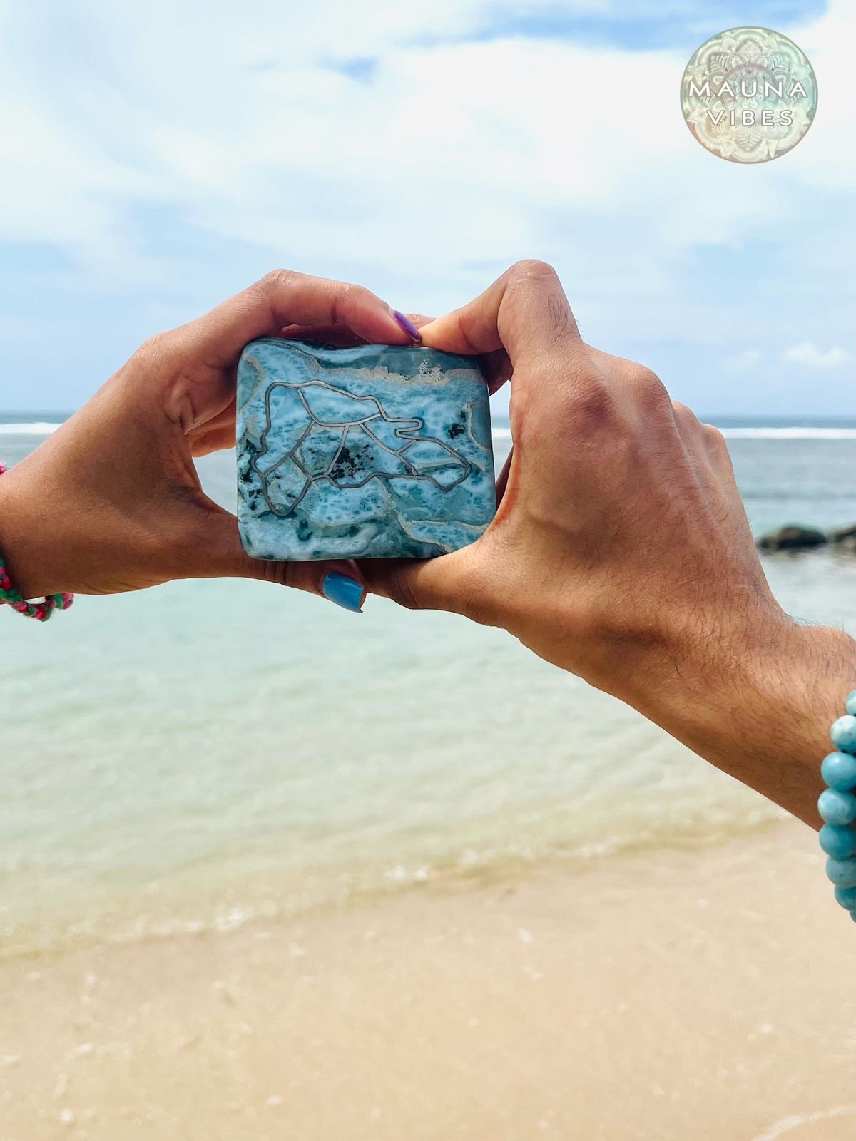 Dominican Republic Carved Larimar Slab – 214.6g Rare Caribbean Gemstone with Dominican Island Map Outline- Collectible Larimar Stone.