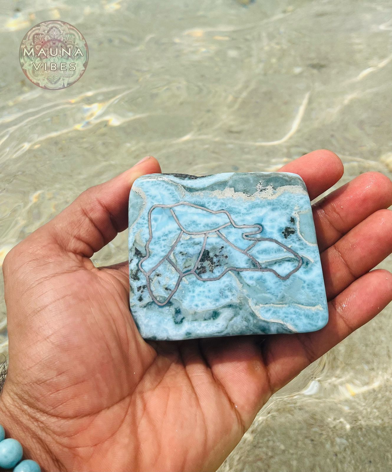 Dominican Republic Carved Larimar Slab – 214.6g Rare Caribbean Gemstone with Dominican Island Map Outline- Collectible Larimar Stone.