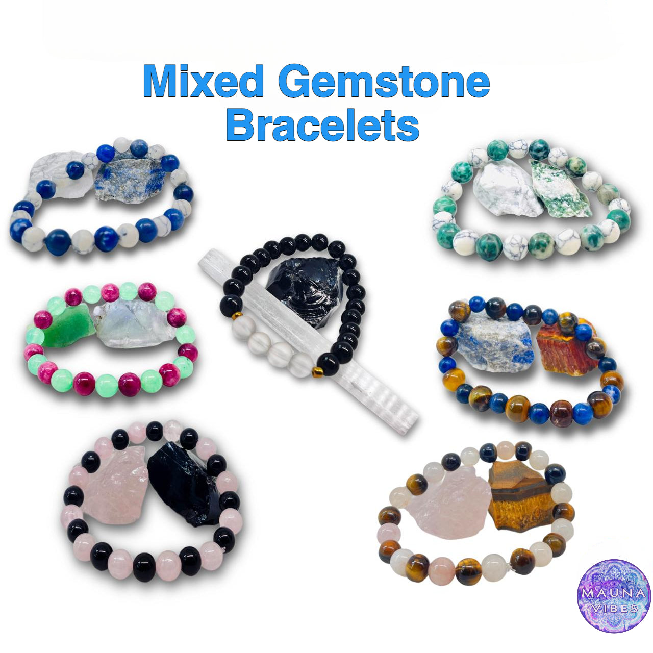 Pulseras de piedras preciosas mixtas para hombre y mujer: joyería curativa artesanal con ojo de tigre, cuarzo rosa, sodalita y más, de Mauna Vibes.