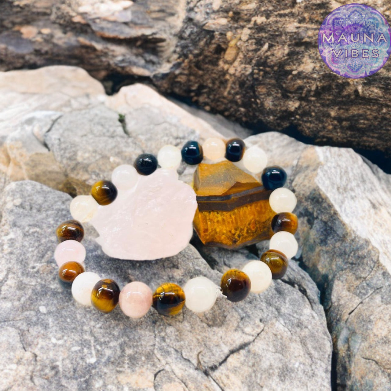 Pulsera de Cuarzo Rosa y Ojo de Tigre: Amor, Confianza y Coraje para Hombres y Mujeres