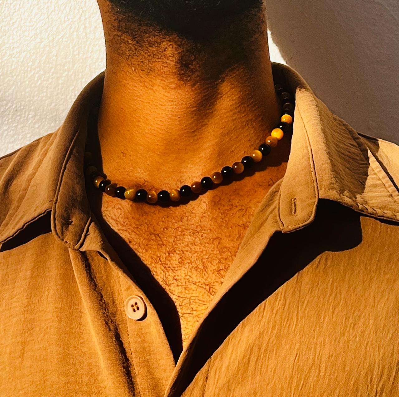 Yellow Tiger's Eye & Obsidian Beaded Necklace – Men's Jewelry - Gift for Him, Boyfriend or Husband -Minimalist Statement Jewelry.