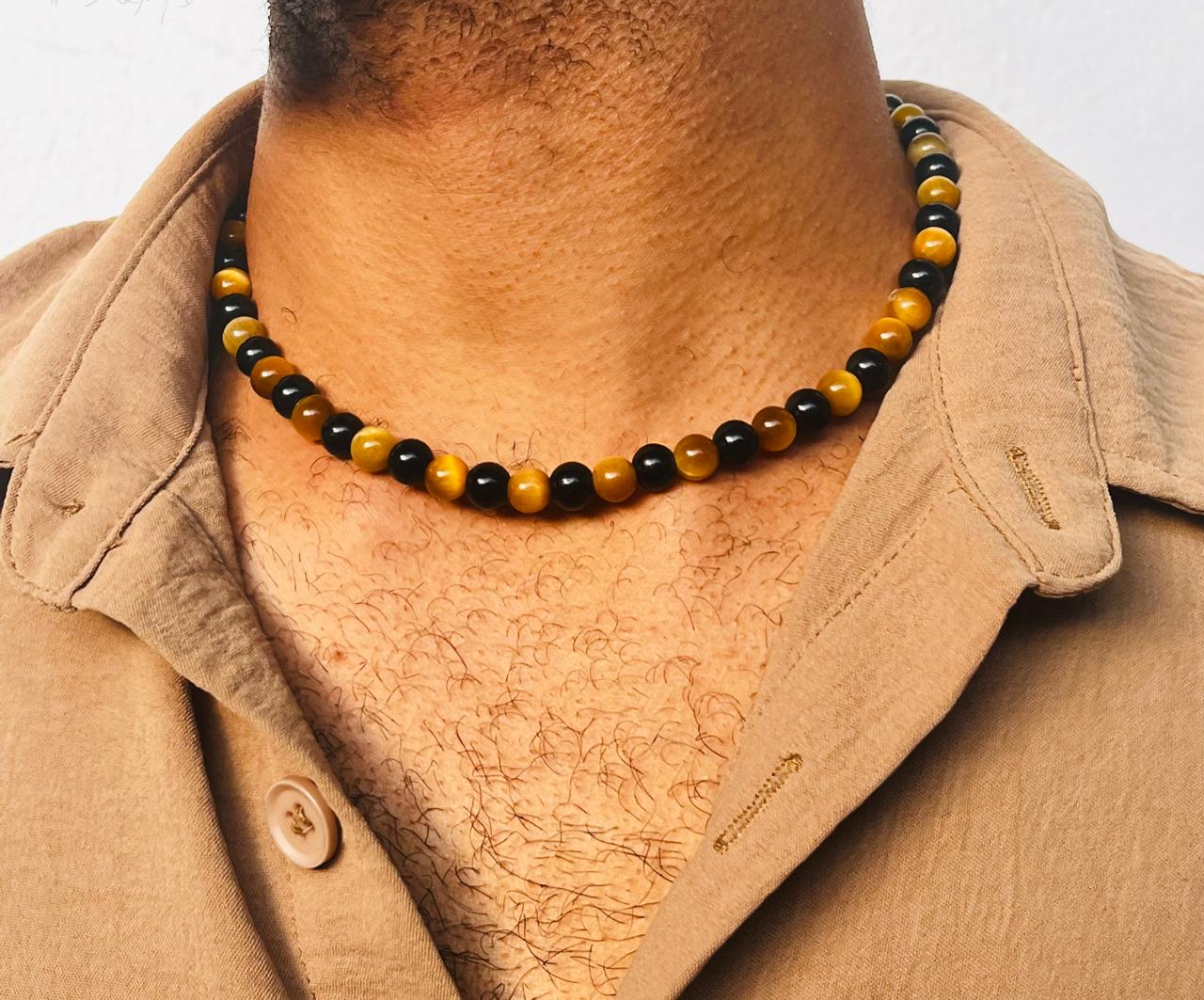 Yellow Tiger's Eye & Obsidian Beaded Necklace – Men's Jewelry - Gift for Him, Boyfriend or Husband -Minimalist Statement Jewelry.