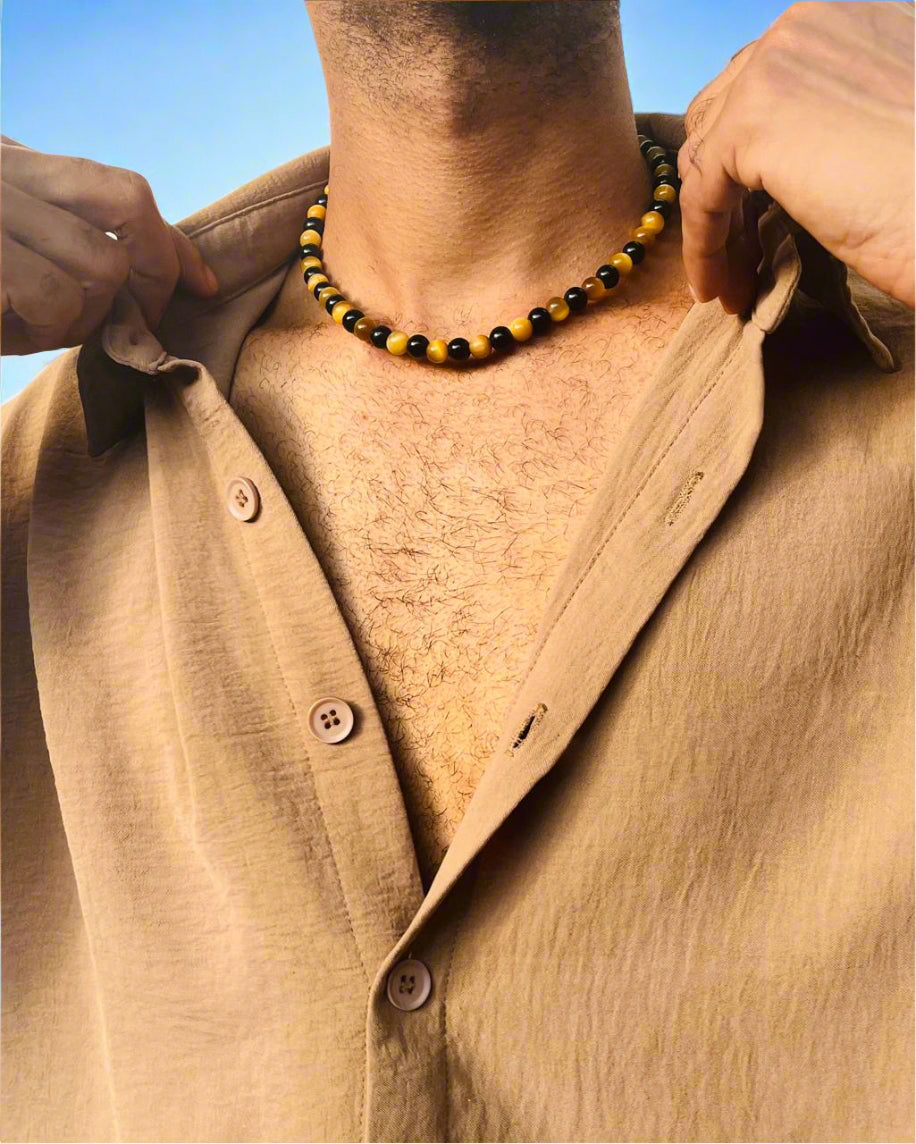 Yellow Tiger's Eye & Obsidian Beaded Necklace – Men's Jewelry - Gift for Him, Boyfriend or Husband -Minimalist Statement Jewelry.