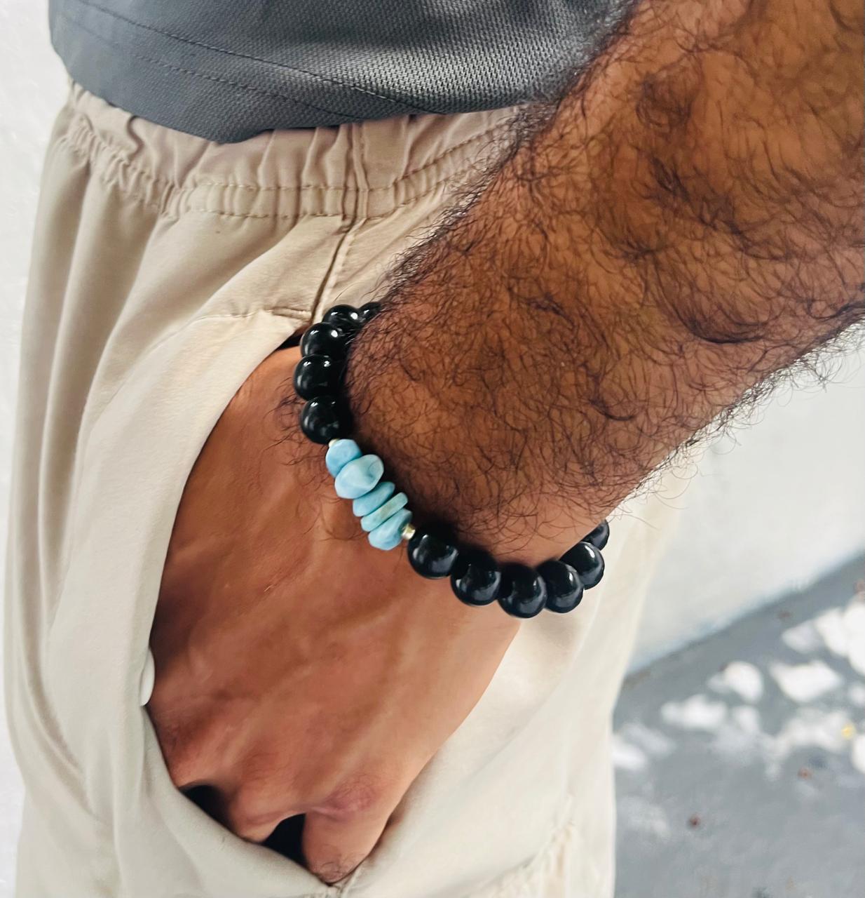 Pulsera de obsidiana larimar con chips de larimar - Pulsera de piedras preciosas para hombres y mujeres.