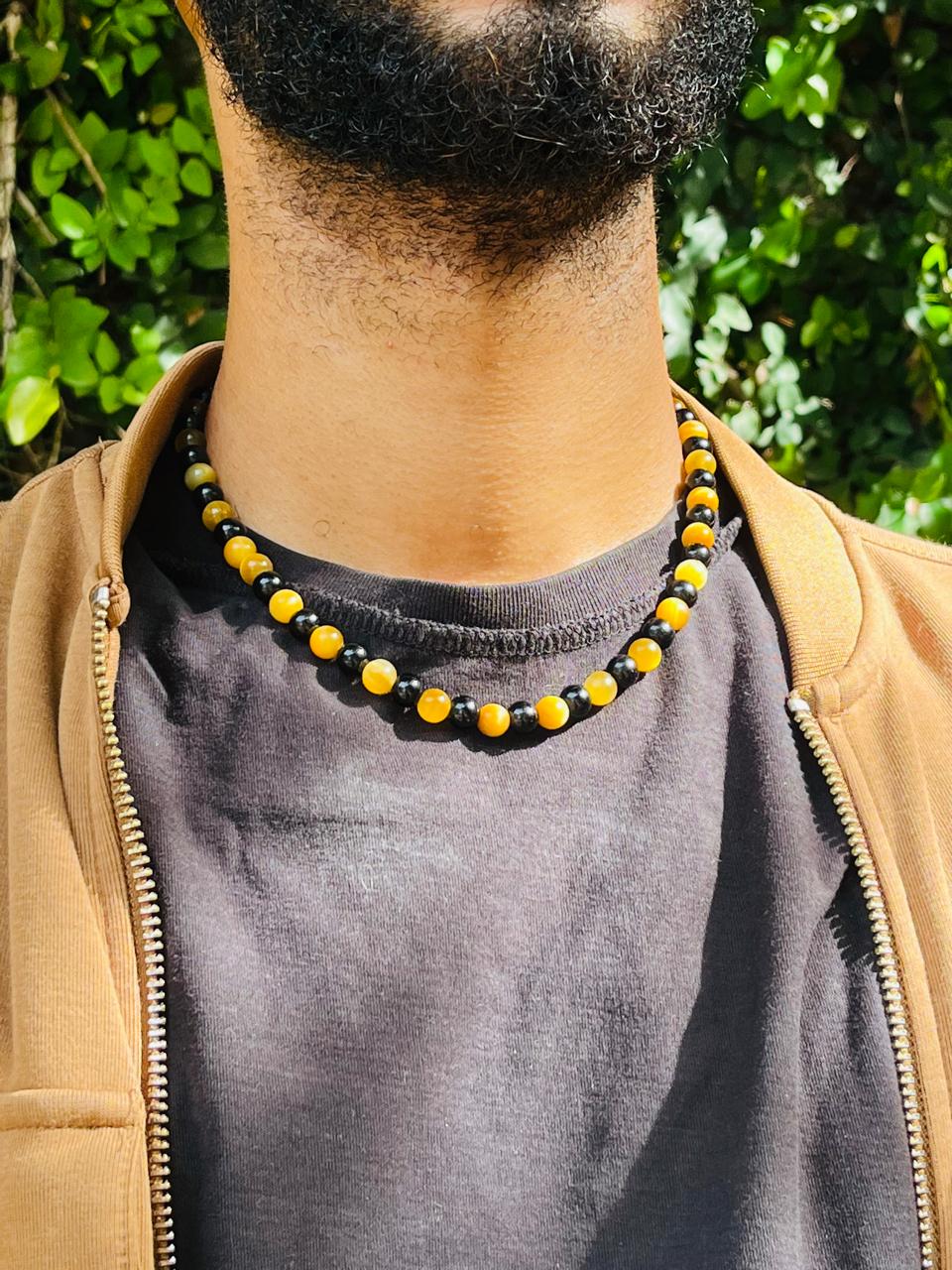 Yellow Tiger's Eye & Obsidian Beaded Necklace – Men's Jewelry - Gift for Him, Boyfriend or Husband -Minimalist Statement Jewelry.