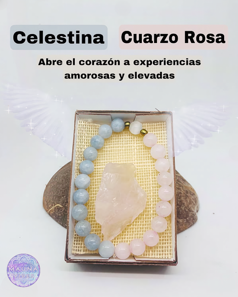 Pulsera de celestita y cuarzo rosa: piedras preciosas naturales de 8 mm para la paz, el amor y la sanación emocional | Joyería espiritual relajante