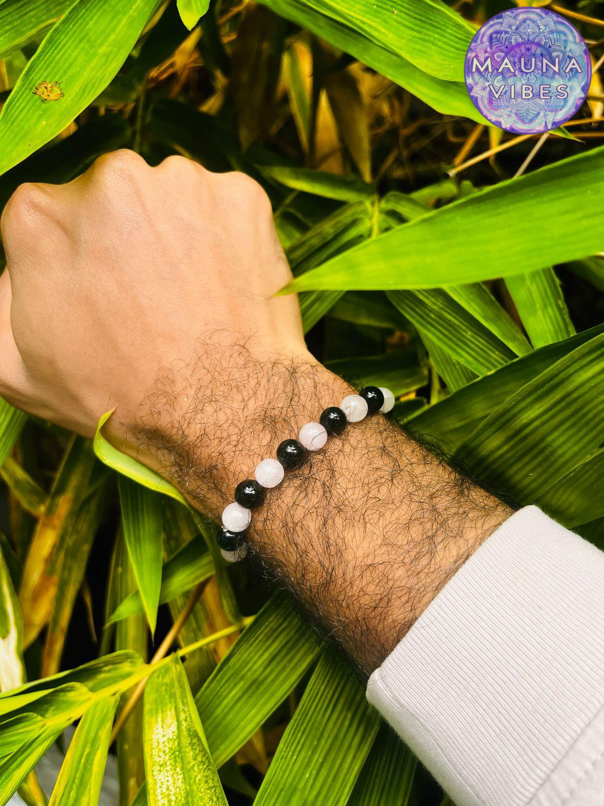 Pulsera de protección de cuarzo rosa y obsidiana - Amor - Para hombre y mujer | Pulsera hecha a mano por Mauna Vibes