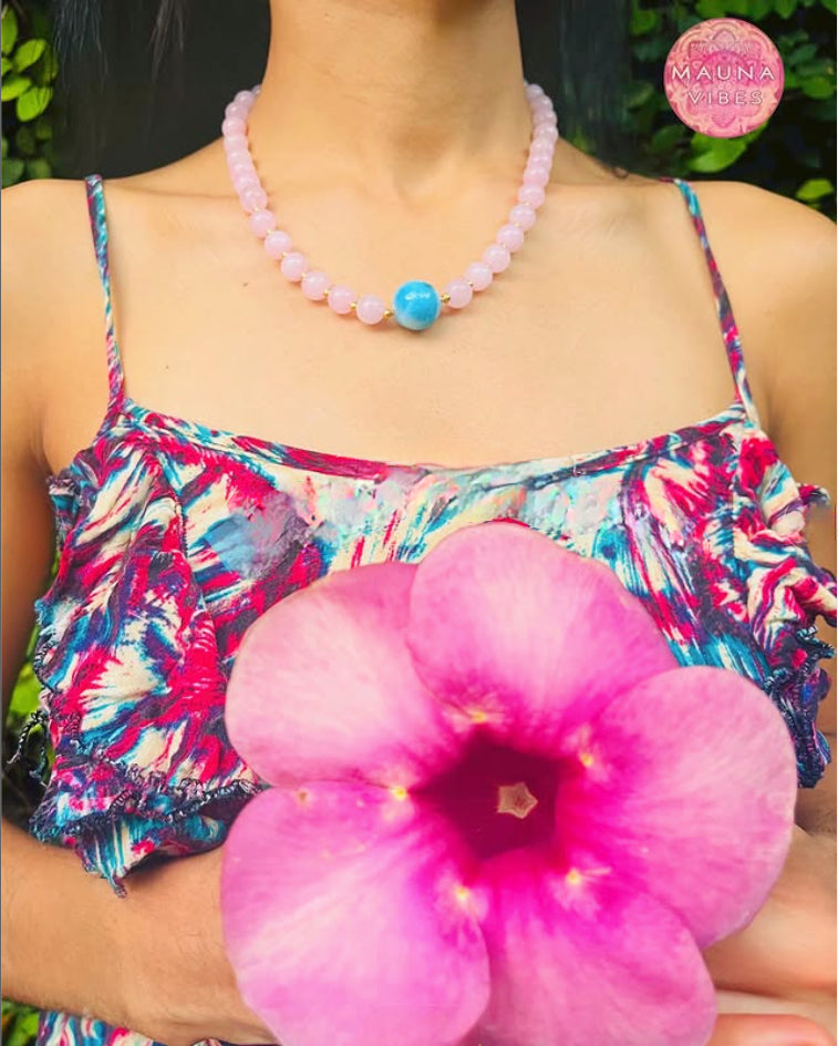 Cuarzo rosa y larimar – Conjunto de joyería con collar, pulsera y pendientes