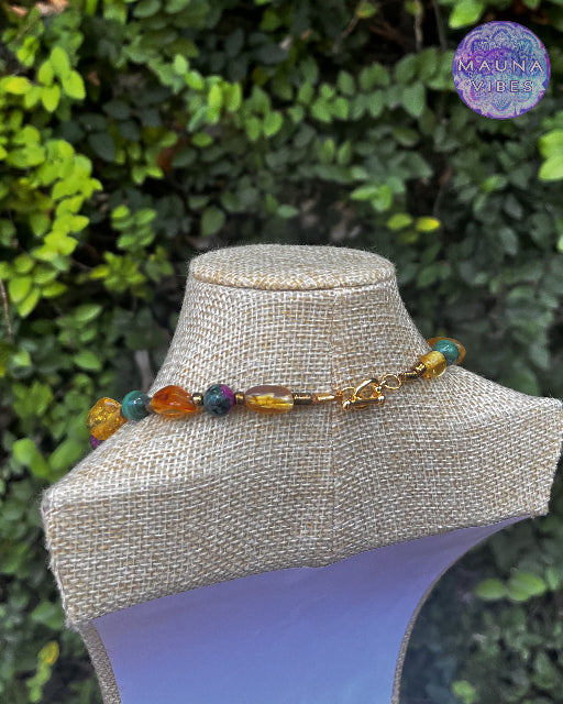 Conjunto de colar com pedras preciosas femininas com âmbar, rubi zoisita e malaquita - colar e pulseira • colar elegante e luxuoso para mulheres
