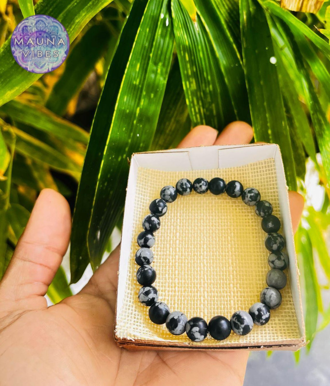 Pulsera de obsidiana de copo de nieve: pulsera de obsidiana de copo de nieve con cuentas redondas de 8 mm, hecha a mano para hombre y mujer.