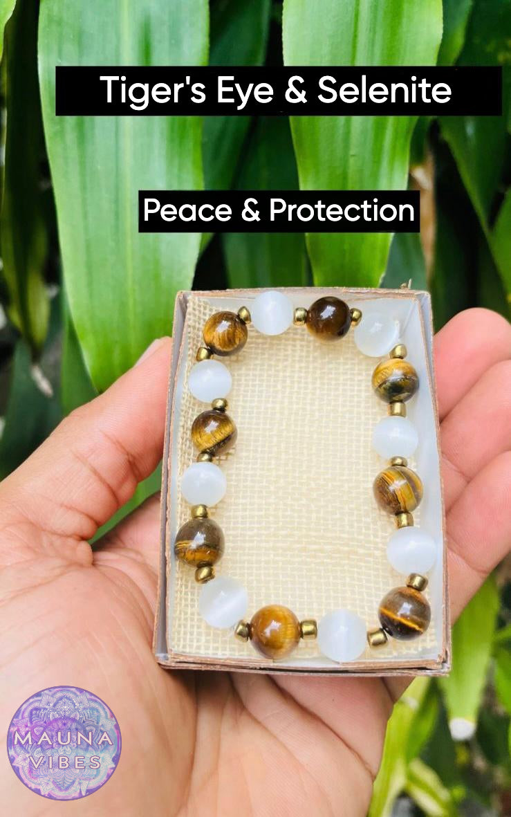 Pulsera de ojo de tigre y selenita: para fuerza, claridad y protección | Pulsera unisex con cuentas de 8 mm a 10 mm para hombres y mujeres.