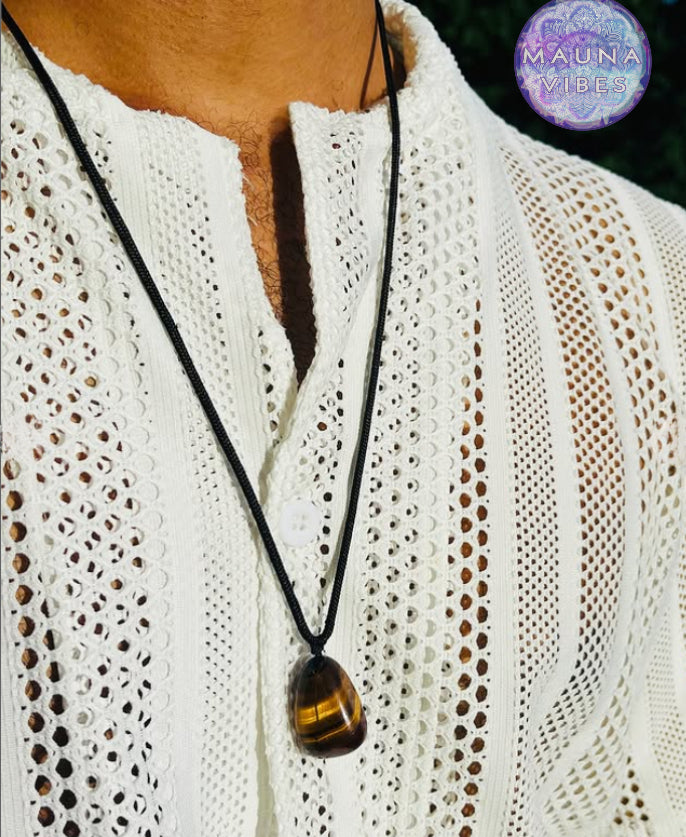 1 colgante de piedra preciosa de ojo de tigre, collar de piedra irregular de cuarzo de roca de estilo informal con cordón ajustable para mujeres y hombres