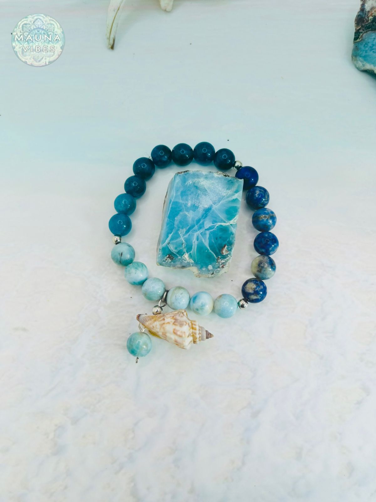 Pulsera Los 3 Mares Con Piedras Larimar, Apatita y Lapislázuli | Joyería de cristales curativos inspirados en el océano, pulsera bohemia