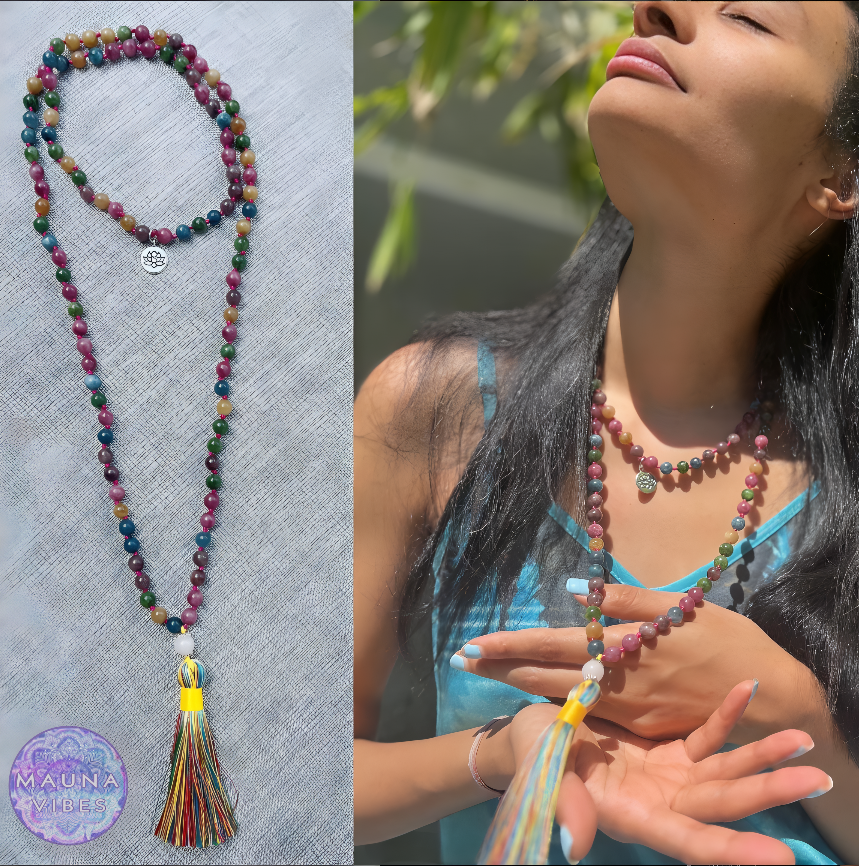 Collar de turmalina multicolor con 108 cuentas de japa mala para yoga y meditación para mujer