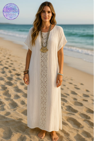 Vestido playero bohemio tipo caftán blanco: traje de baño de manga corta para mujer para días en la piscina y la playa