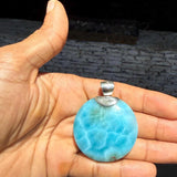 Round Larimar Pendant, AAA Blue Turquoise, 925 Sterling Silver Unisex Jewelry