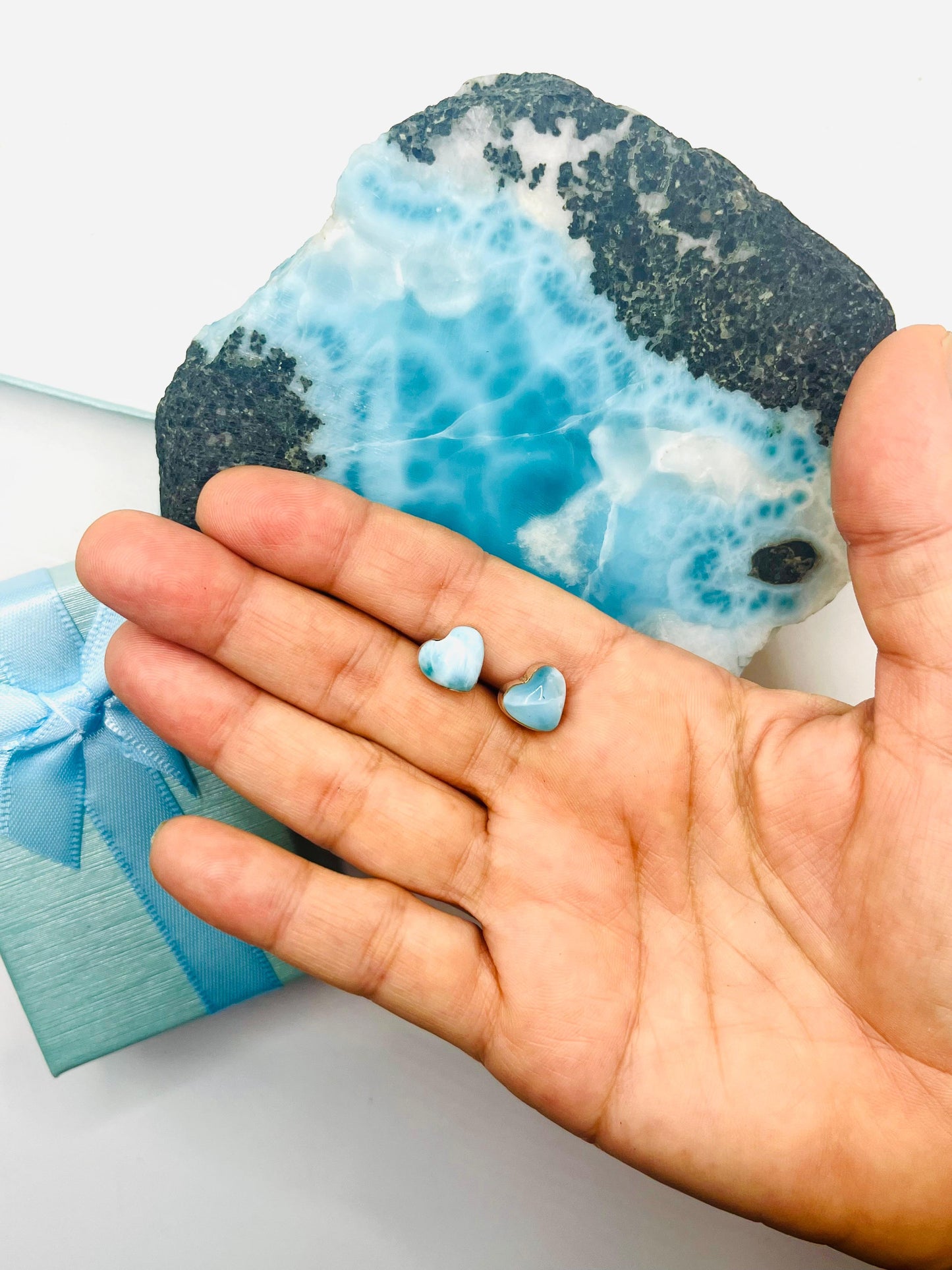 Larimar Heart Stud Earrings in 925 Sterling Silver - Gift for Women