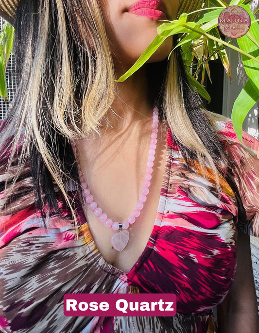 Rose Quartz, Amethyst and Tiger’s Eye Heart Pendant Handmade Beaded Gemstone Necklaces for Women – for Love, Healing & Protection – By Mauna Vibes.