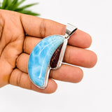 Larimar Moon Pendant With Dominican Amber – 925 Sterling Silver Jewelry