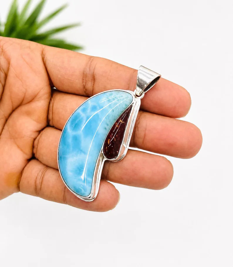 Larimar Moon Pendant With Dominican Amber – 925 Sterling Silver Jewelry