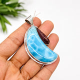 Larimar Moon Pendant With Dominican Amber – 925 Sterling Silver Jewelry