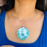 Dominican Larimar pendant in 925 sterling silver, front view, for everyday wear, Mauna Vibes