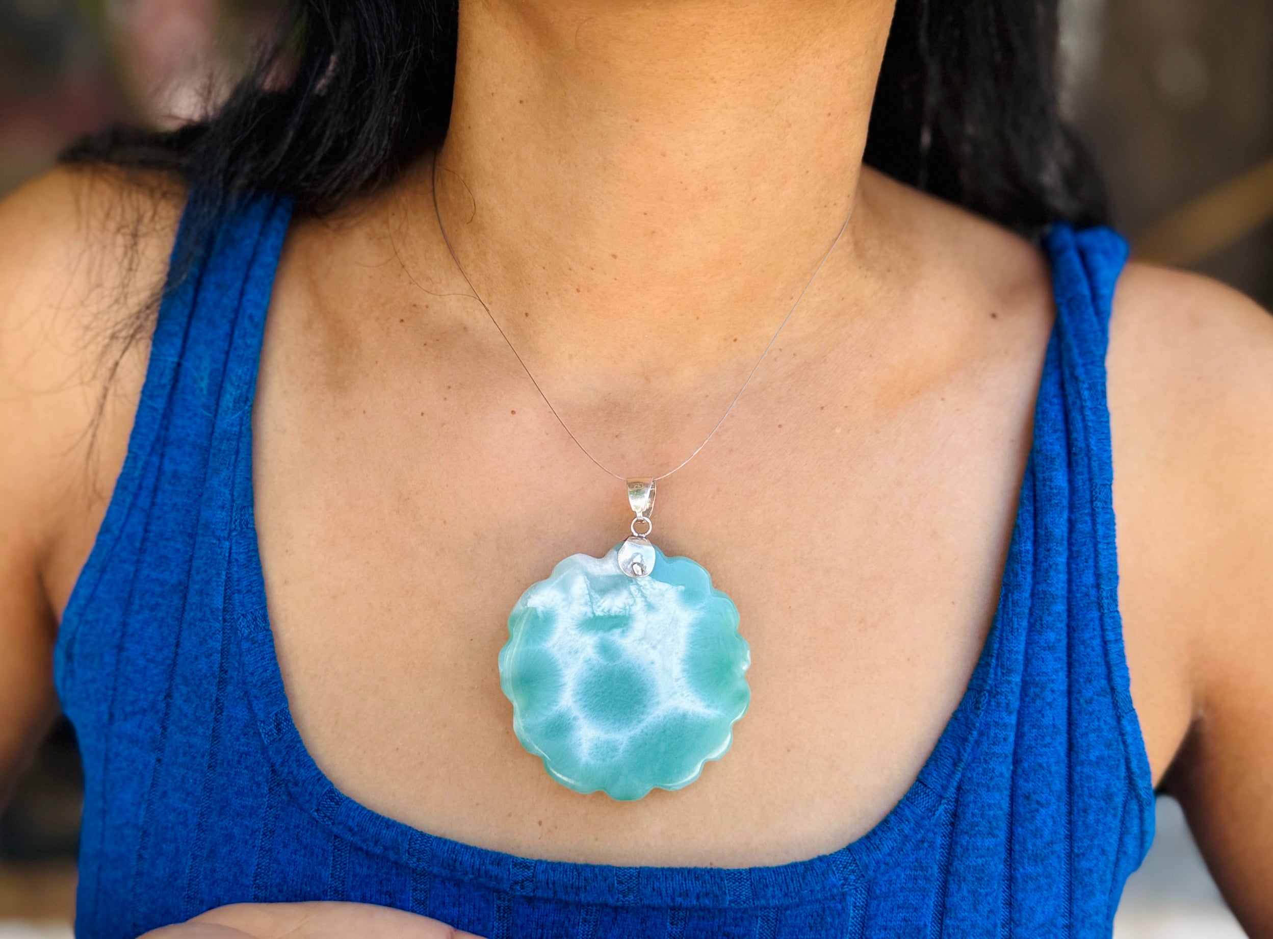 Dominican Larimar pendant in 925 sterling silver, front view, for everyday wear, Mauna Vibes