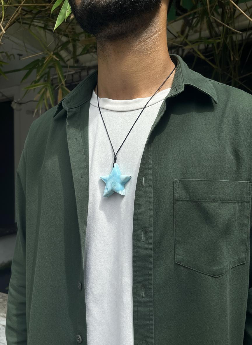 Larimar Star Pendant Necklace for Men & Women- Genuine Blue Dominican Stone Jewelry Gift