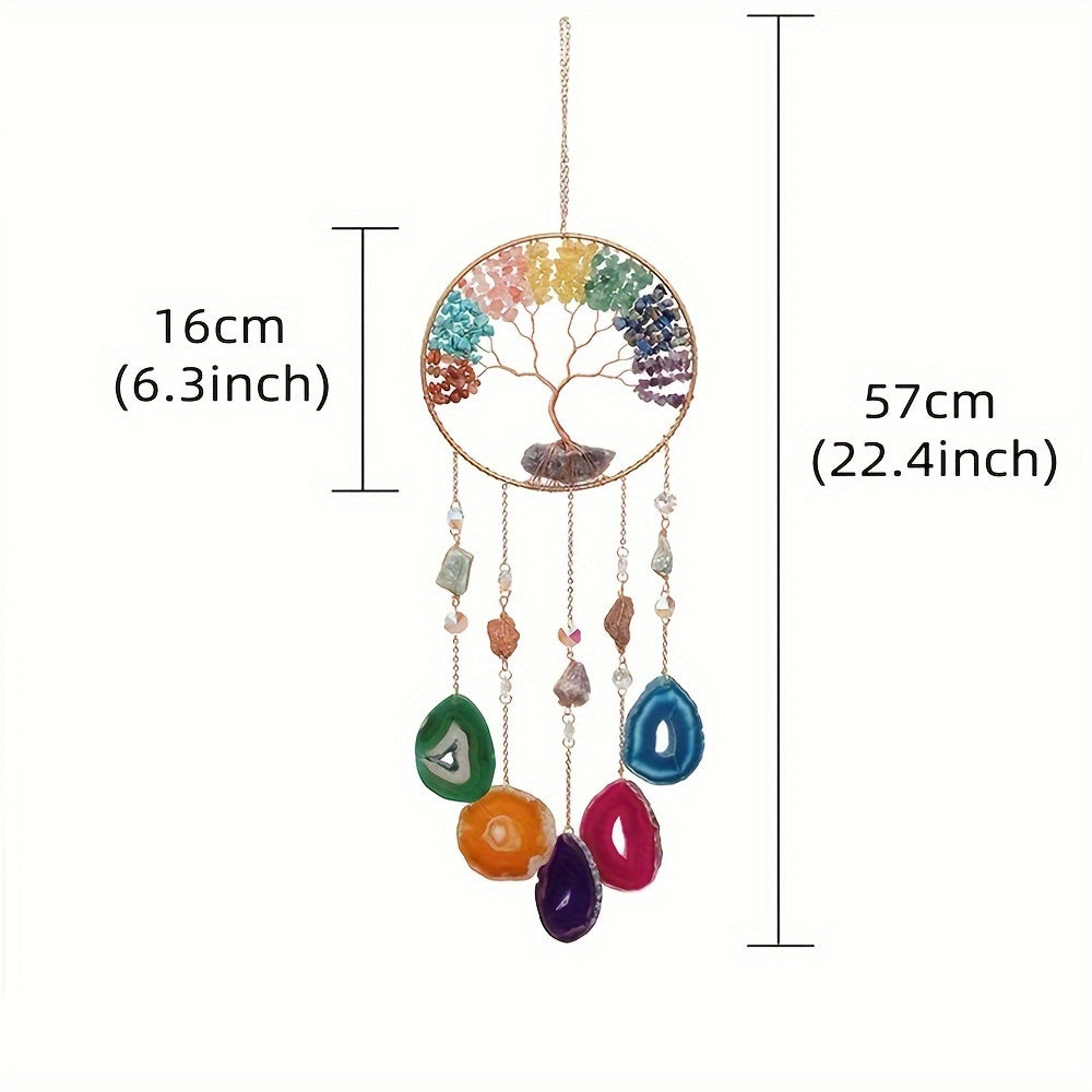 Tree of Life 7 Chakras Dream Catcher Pendant - Handmade Colorful Amethyst & Agate Crystal Wind Chime for Indoor & Outdoor Wall Hanging Decoration 🌳🌈💎✨