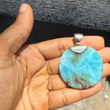Round Larimar Pendant, AAA Blue Turquoise, 925 Sterling Silver Unisex Jewelry