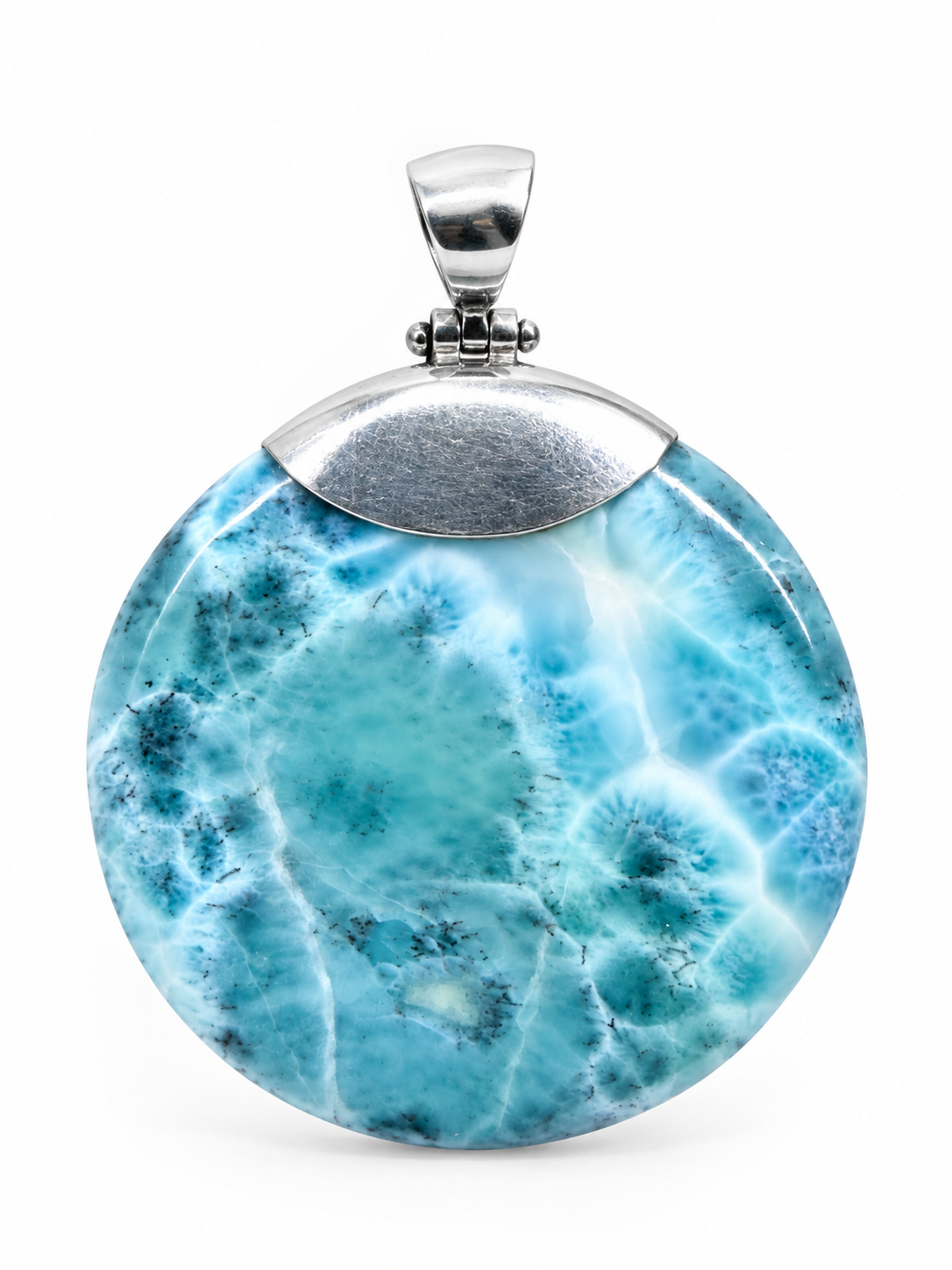 Large AAA Larimar round pendant in hand showing scale – 100g genuine Dominican Republic gemstone on sterling silver chain – Mauna Vibes