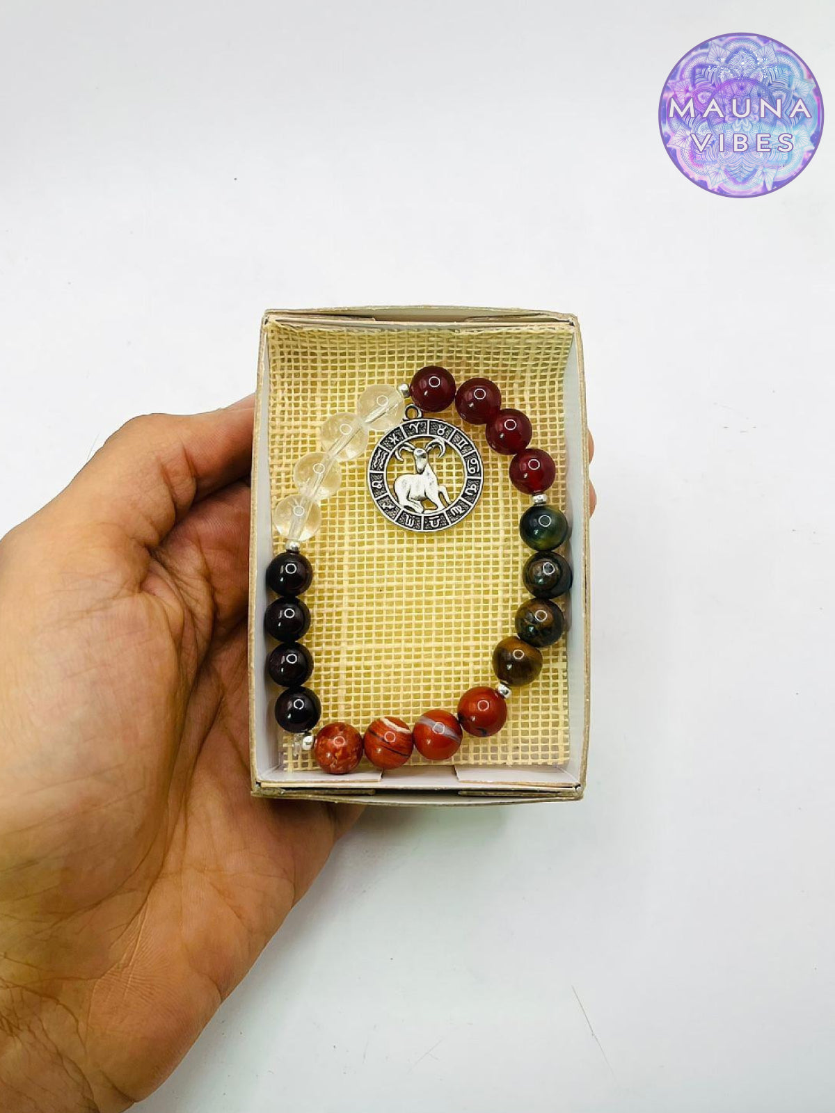 Aries Zodiac Bracelet – Tiger’s Eye, Red Jasper, Garnet, Carnelian & Clear Quartz