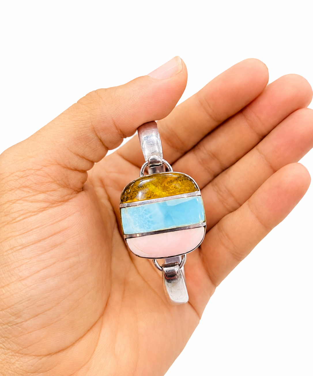 Larimar, Pink Coral & Dominican Amber Sterling Silver Bracelet