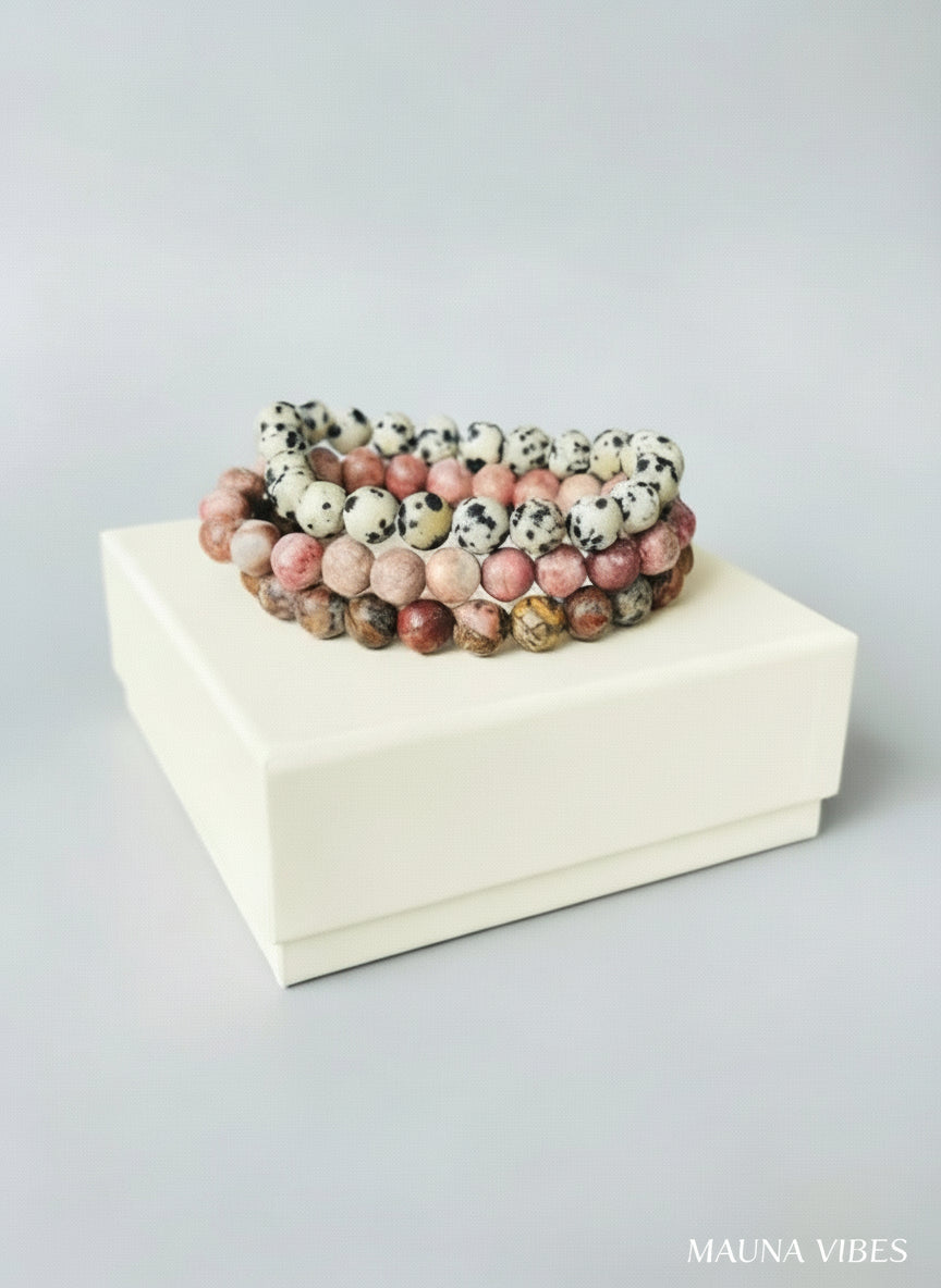 Gemstone Bracelet Set - Rhodonite Bracelet - Leopard Jasper Bracelet - Dalmatian Jasper Jewelry - Gift Box Set