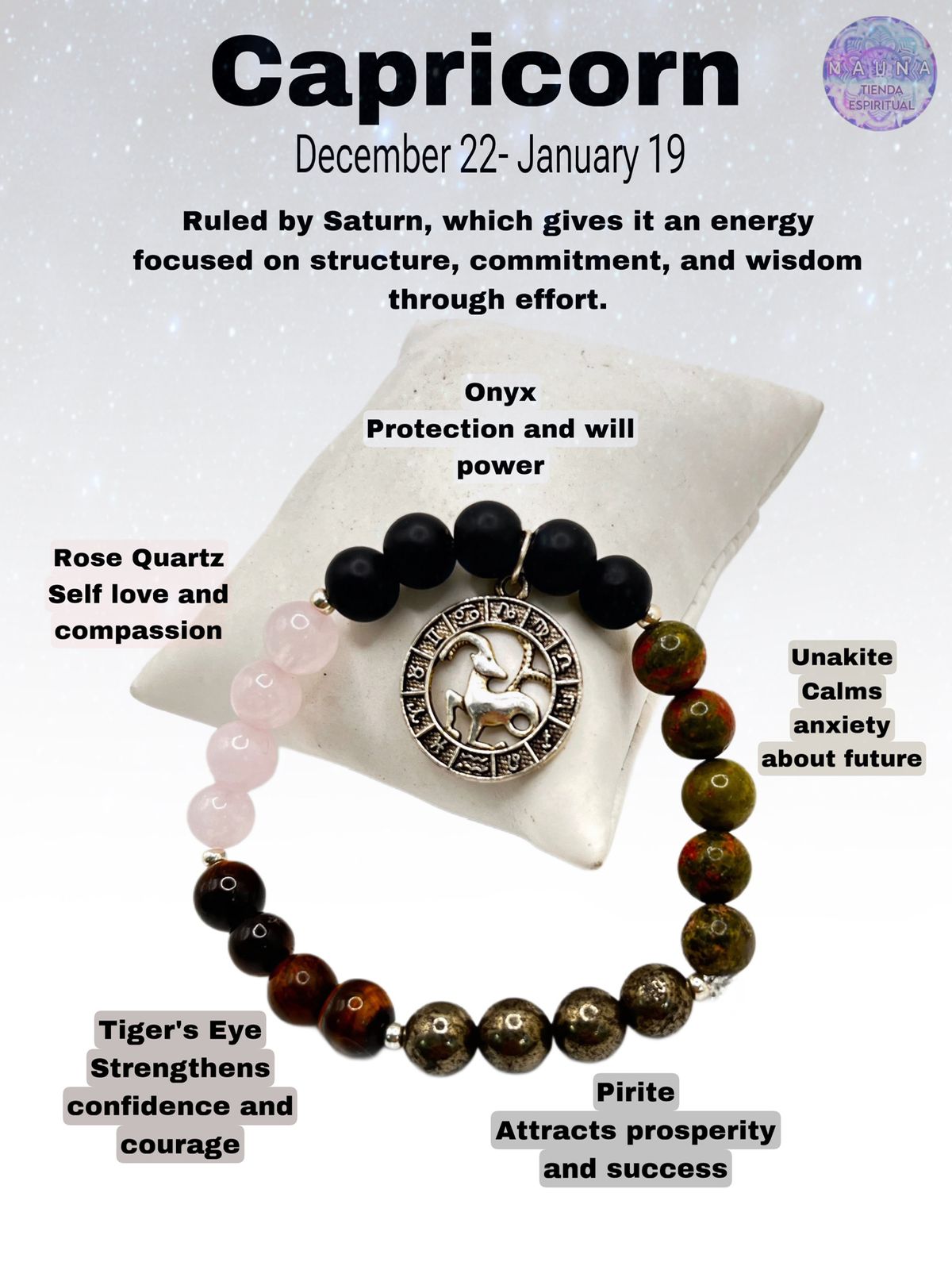 Capricorn Zodiac  Astrology Bracelet: Unkite, Onyx, Rose Quartz, Tigers Eye and Pyrite.