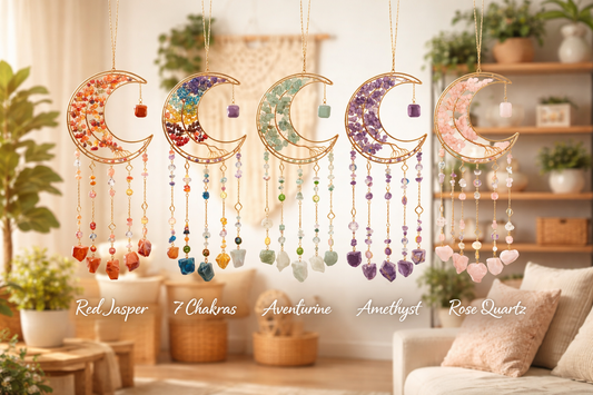 Moon & Tree of Life Crystal Suncatcher – Crescent Moon Hanging Decor with Natural Gemstones, Spiritual Window Ornament, Boho Home Decor