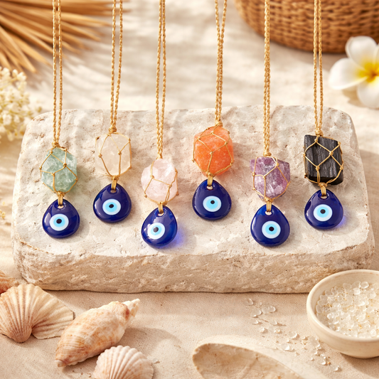 Turkish Evil Eye Crystal Hanging Talisman – Natural Gemstone Protection & Energy Home Decor