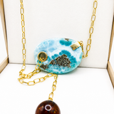 AAA+ Larimar Slab Necklace – Gold Plated Sterling Silver & Dominican Amber