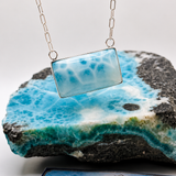 AAA Larimar Necklace, Exclusive Light Blue Dominican Gemstone Pendant With 925 Silver Chainlink, High End Gift for Women.