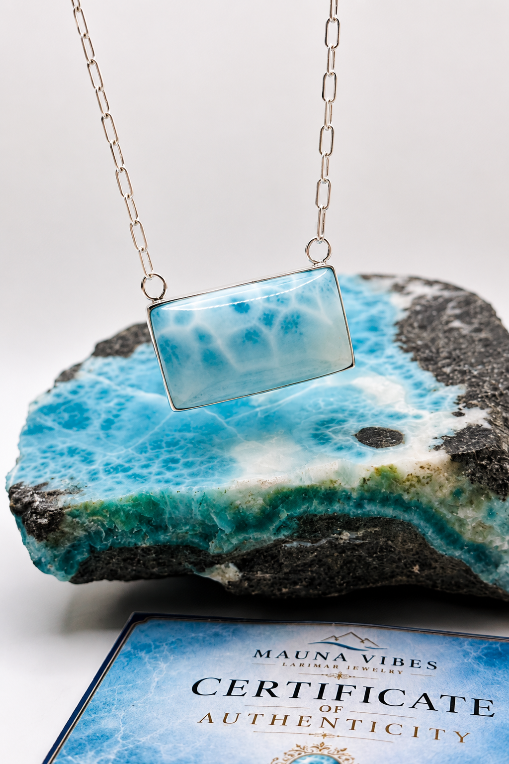 AAA Larimar Necklace, Exclusive Light Blue Dominican Gemstone Pendant With 925 Silver Chainlink, High End Gift for Women.